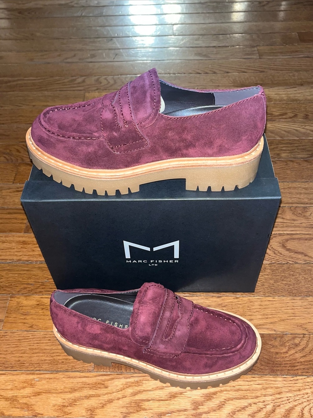 Marc Fisher LTD Norton Lug Sole Penny Loafers Dark Red Calf Hair Women’s 8